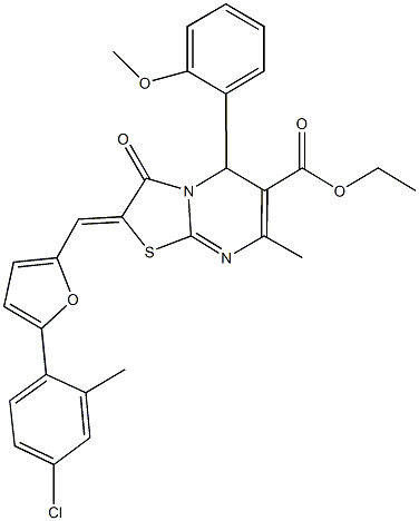 ethyl 2-{[5-(4-chloro-2-methylphenyl)-2-furyl]methylene}-5-(2-methoxyphenyl)-7-methyl-3-oxo-2,3-dihydro-5H-[1,3]thiazolo[3,2-a]pyrimidine-6-carboxylate Struktur