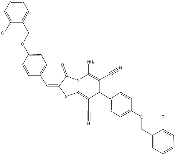 5-amino-2-{4-[(2-chlorobenzyl)oxy]benzylidene}-7-{4-[(2-chlorobenzyl)oxy]phenyl}-3-oxo-2,3-dihydro-7H-[1,3]thiazolo[3,2-a]pyridine-6,8-dicarbonitrile Struktur