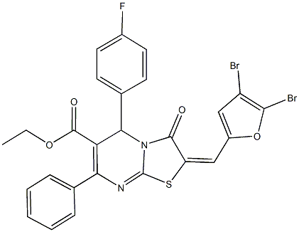 ethyl 2-[(4,5-dibromo-2-furyl)methylene]-5-(4-fluorophenyl)-3-oxo-7-phenyl-2,3-dihydro-5H-[1,3]thiazolo[3,2-a]pyrimidine-6-carboxylate Struktur