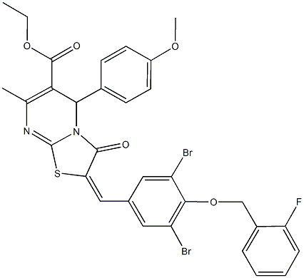 ethyl 2-{3,5-dibromo-4-[(2-fluorobenzyl)oxy]benzylidene}-5-(4-methoxyphenyl)-7-methyl-3-oxo-2,3-dihydro-5H-[1,3]thiazolo[3,2-a]pyrimidine-6-carboxylate Struktur