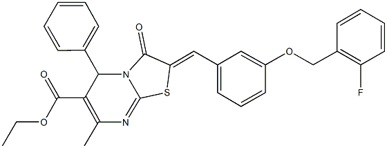 ethyl 2-{3-[(2-fluorobenzyl)oxy]benzylidene}-7-methyl-3-oxo-5-phenyl-2,3-dihydro-5H-[1,3]thiazolo[3,2-a]pyrimidine-6-carboxylate Struktur