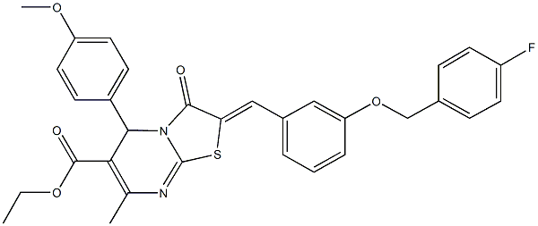 ethyl 2-{3-[(4-fluorobenzyl)oxy]benzylidene}-5-(4-methoxyphenyl)-7-methyl-3-oxo-2,3-dihydro-5H-[1,3]thiazolo[3,2-a]pyrimidine-6-carboxylate Struktur