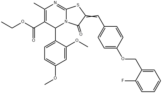 ethyl 5-(2,4-dimethoxyphenyl)-2-{4-[(2-fluorobenzyl)oxy]benzylidene}-7-methyl-3-oxo-2,3-dihydro-5H-[1,3]thiazolo[3,2-a]pyrimidine-6-carboxylate Struktur