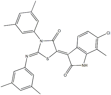 6-chloro-3-{3-(3,5-dimethylphenyl)-2-[(3,5-dimethylphenyl)imino]-4-oxo-1,3-thiazolidin-5-ylidene}-7-methyl-1,3-dihydro-2H-indol-2-one Struktur