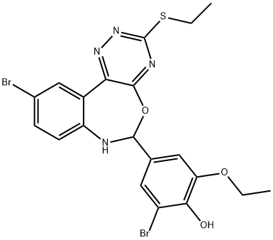 2-bromo-4-[10-bromo-3-(ethylsulfanyl)-6,7-dihydro[1,2,4]triazino[5,6-d][3,1]benzoxazepin-6-yl]-6-ethoxyphenol Struktur