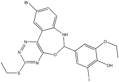 4-[10-bromo-3-(ethylsulfanyl)-6,7-dihydro[1,2,4]triazino[5,6-d][3,1]benzoxazepin-6-yl]-2-ethoxy-6-iodophenol Struktur