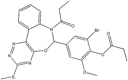 2-bromo-6-methoxy-4-[3-(methylsulfanyl)-7-propionyl-6,7-dihydro[1,2,4]triazino[5,6-d][3,1]benzoxazepin-6-yl]phenyl propionate Struktur