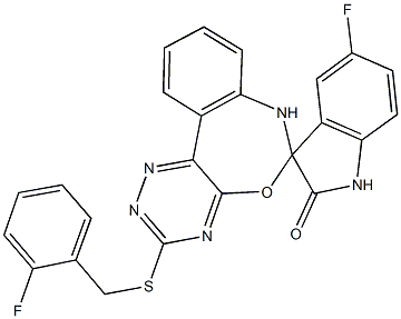 5-fluoro-3'-[(2-fluorobenzyl)sulfanyl]-1,3,6',7'-tetrahydrospiro(2H-indole-3,6'-[1,2,4]triazino[5,6-d][3,1]benzoxazepine)-2-one Struktur