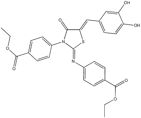 ethyl 4-(5-(3,4-dihydroxybenzylidene)-2-{[4-(ethoxycarbonyl)phenyl]imino}-4-oxo-1,3-thiazolidin-3-yl)benzoate Struktur