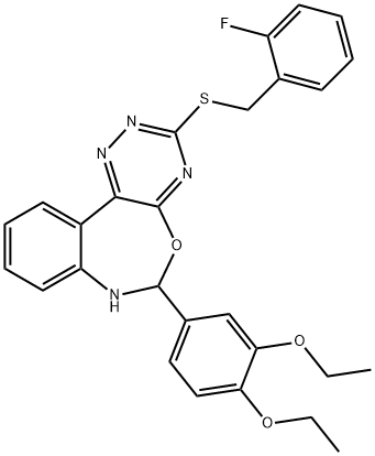 6-(3,4-diethoxyphenyl)-3-[(2-fluorobenzyl)sulfanyl]-6,7-dihydro[1,2,4]triazino[5,6-d][3,1]benzoxazepine Struktur