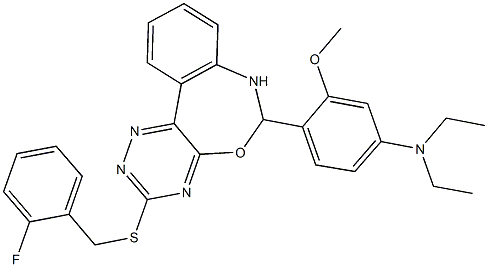 N,N-diethyl-4-{3-[(2-fluorobenzyl)sulfanyl]-6,7-dihydro[1,2,4]triazino[5,6-d][3,1]benzoxazepin-6-yl}-3-methoxyaniline Struktur