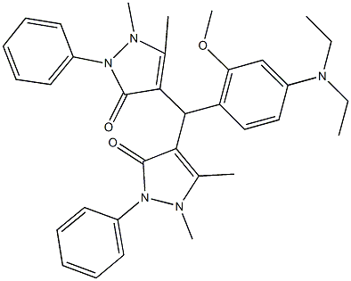 4-[[4-(diethylamino)-2-methoxyphenyl](1,5-dimethyl-3-oxo-2-phenyl-2,3-dihydro-1H-pyrazol-4-yl)methyl]-1,5-dimethyl-2-phenyl-1,2-dihydro-3H-pyrazol-3-one Struktur