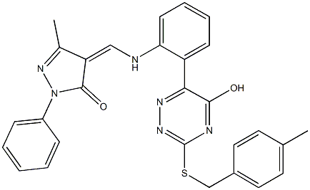 4-[(2-{5-hydroxy-3-[(4-methylbenzyl)sulfanyl]-1,2,4-triazin-6-yl}anilino)methylene]-5-methyl-2-phenyl-2,4-dihydro-3H-pyrazol-3-one Struktur