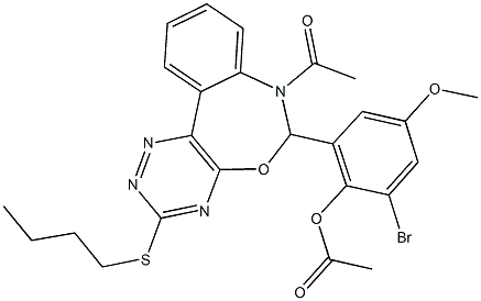 2-[7-acetyl-3-(butylsulfanyl)-6,7-dihydro[1,2,4]triazino[5,6-d][3,1]benzoxazepin-6-yl]-6-bromo-4-methoxyphenyl acetate Struktur