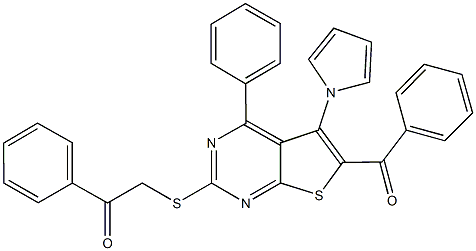 2-{[6-benzoyl-4-phenyl-5-(1H-pyrrol-1-yl)thieno[2,3-d]pyrimidin-2-yl]sulfanyl}-1-phenylethanone Struktur