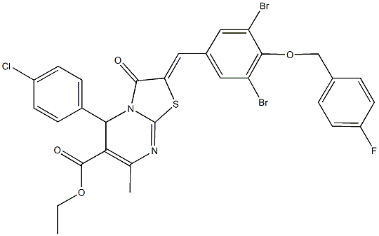 ethyl 5-(4-chlorophenyl)-2-{3,5-dibromo-4-[(4-fluorobenzyl)oxy]benzylidene}-7-methyl-3-oxo-2,3-dihydro-5H-[1,3]thiazolo[3,2-a]pyrimidine-6-carboxylate Struktur