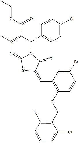 ethyl 2-{5-bromo-2-[(2-chloro-6-fluorobenzyl)oxy]benzylidene}-5-(4-chlorophenyl)-7-methyl-3-oxo-2,3-dihydro-5H-[1,3]thiazolo[3,2-a]pyrimidine-6-carboxylate Struktur