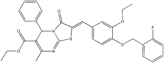 ethyl 2-{3-ethoxy-4-[(2-fluorobenzyl)oxy]benzylidene}-7-methyl-3-oxo-5-phenyl-2,3-dihydro-5H-[1,3]thiazolo[3,2-a]pyrimidine-6-carboxylate Struktur