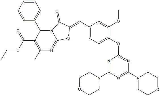 ethyl 2-(4-{[4,6-di(4-morpholinyl)-1,3,5-triazin-2-yl]oxy}-3-methoxybenzylidene)-7-methyl-3-oxo-5-phenyl-2,3-dihydro-5H-[1,3]thiazolo[3,2-a]pyrimidine-6-carboxylate Struktur