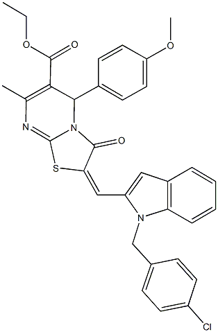 ethyl 2-{[1-(4-chlorobenzyl)-1H-indol-2-yl]methylene}-5-(4-methoxyphenyl)-7-methyl-3-oxo-2,3-dihydro-5H-[1,3]thiazolo[3,2-a]pyrimidine-6-carboxylate Struktur