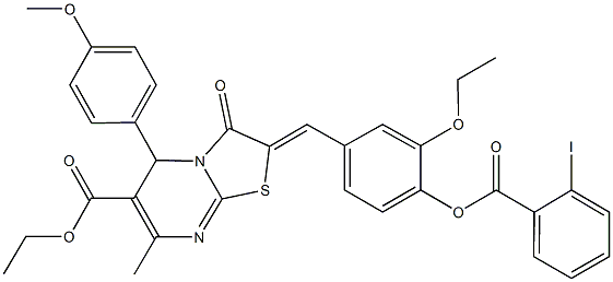 ethyl 2-{3-ethoxy-4-[(2-iodobenzoyl)oxy]benzylidene}-5-(4-methoxyphenyl)-7-methyl-3-oxo-2,3-dihydro-5H-[1,3]thiazolo[3,2-a]pyrimidine-6-carboxylate Struktur