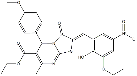 ethyl 2-{3-ethoxy-2-hydroxy-5-nitrobenzylidene}-5-(4-methoxyphenyl)-7-methyl-3-oxo-2,3-dihydro-5H-[1,3]thiazolo[3,2-a]pyrimidine-6-carboxylate Struktur