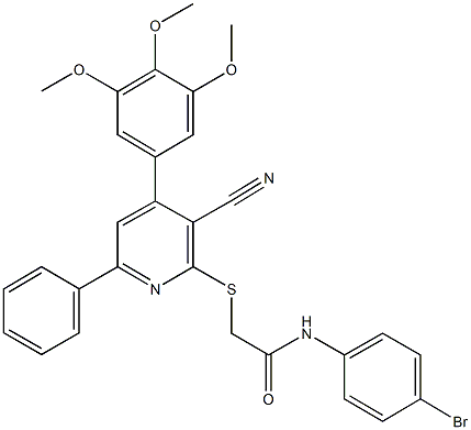 N-(4-bromophenyl)-2-{[3-cyano-6-phenyl-4-(3,4,5-trimethoxyphenyl)-2-pyridinyl]sulfanyl}acetamide Struktur