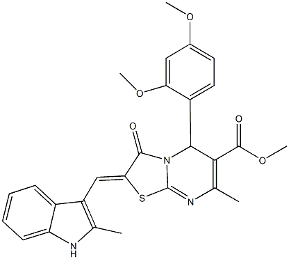 methyl 5-(2,4-dimethoxyphenyl)-7-methyl-2-[(2-methyl-1H-indol-3-yl)methylene]-3-oxo-2,3-dihydro-5H-[1,3]thiazolo[3,2-a]pyrimidine-6-carboxylate Struktur