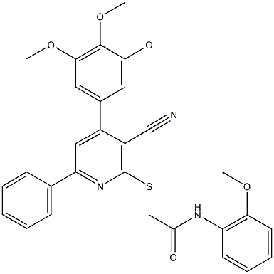 2-{[3-cyano-6-phenyl-4-(3,4,5-trimethoxyphenyl)-2-pyridinyl]sulfanyl}-N-(2-methoxyphenyl)acetamide Struktur