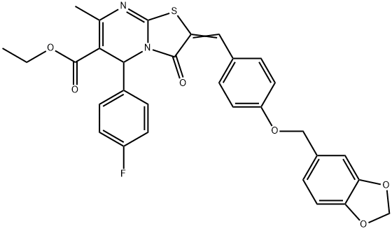 ethyl 2-[4-(1,3-benzodioxol-5-ylmethoxy)benzylidene]-5-(4-fluorophenyl)-7-methyl-3-oxo-2,3-dihydro-5H-[1,3]thiazolo[3,2-a]pyrimidine-6-carboxylate Struktur