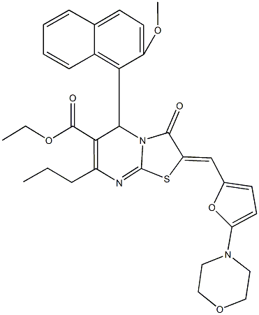 ethyl 5-(2-methoxy-1-naphthyl)-2-{[5-(4-morpholinyl)-2-furyl]methylene}-3-oxo-7-propyl-2,3-dihydro-5H-[1,3]thiazolo[3,2-a]pyrimidine-6-carboxylate Struktur