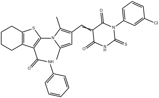 2-{3-[(1-(3-chlorophenyl)-4,6-dioxo-2-thioxotetrahydro-5(2H)-pyrimidinylidene)methyl]-2,5-dimethyl-1H-pyrrol-1-yl}-N-phenyl-4,5,6,7-tetrahydro-1-benzothiophene-3-carboxamide Struktur