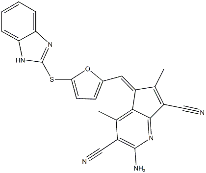 2-amino-5-{[5-(1H-benzimidazol-2-ylsulfanyl)-2-furyl]methylene}-4,6-dimethyl-5H-cyclopenta[b]pyridine-3,7-dicarbonitrile Struktur