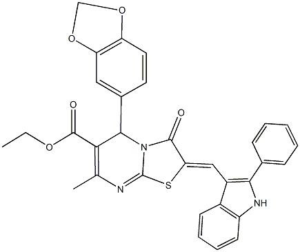 ethyl 5-(1,3-benzodioxol-5-yl)-7-methyl-3-oxo-2-[(2-phenyl-1H-indol-3-yl)methylene]-2,3-dihydro-5H-[1,3]thiazolo[3,2-a]pyrimidine-6-carboxylate Struktur