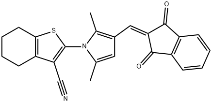 2-{3-[(1,3-dioxo-1,3-dihydro-2H-inden-2-ylidene)methyl]-2,5-dimethyl-1H-pyrrol-1-yl}-4,5,6,7-tetrahydro-1-benzothiophene-3-carbonitrile Struktur