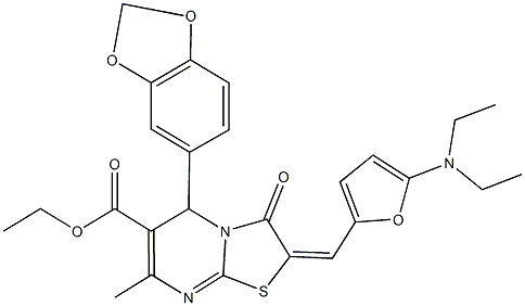 ethyl 5-(1,3-benzodioxol-5-yl)-2-{[5-(diethylamino)-2-furyl]methylene}-7-methyl-3-oxo-2,3-dihydro-5H-[1,3]thiazolo[3,2-a]pyrimidine-6-carboxylate Struktur