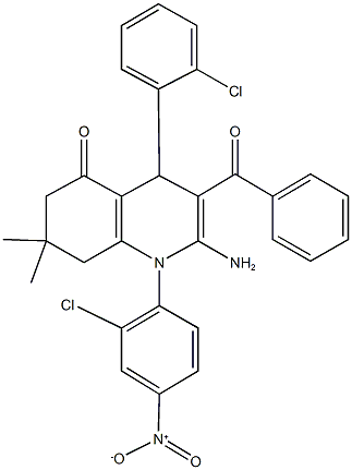 2-amino-3-benzoyl-1-{2-chloro-4-nitrophenyl}-4-(2-chlorophenyl)-7,7-dimethyl-4,6,7,8-tetrahydro-5(1H)-quinolinone Struktur