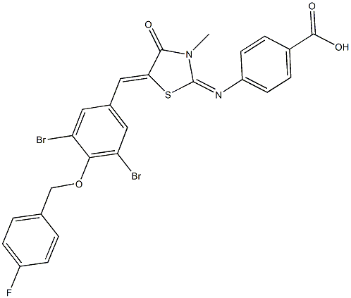 4-[(5-{3,5-dibromo-4-[(4-fluorobenzyl)oxy]benzylidene}-3-methyl-4-oxo-1,3-thiazolidin-2-ylidene)amino]benzoic acid Struktur