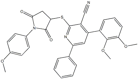 4-(2,3-dimethoxyphenyl)-2-((1-(4-methoxyphenyl)-2,5-dioxopyrrolidin-3-yl)sulfanyl)-6-phenylnicotinonitrile Struktur