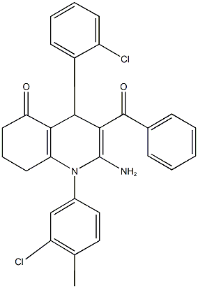 2-amino-3-benzoyl-1-(3-chloro-4-methylphenyl)-4-(2-chlorophenyl)-4,6,7,8-tetrahydro-5(1H)-quinolinone Struktur