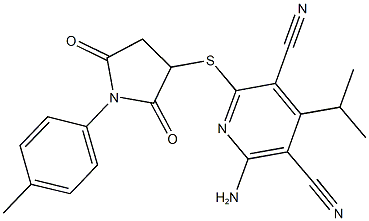 2-amino-4-isopropyl-6-{[1-(4-methylphenyl)-2,5-dioxo-3-pyrrolidinyl]sulfanyl}-3,5-pyridinedicarbonitrile Struktur