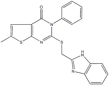 2-[(1H-benzimidazol-2-ylmethyl)sulfanyl]-6-methyl-3-phenylthieno[2,3-d]pyrimidin-4(3H)-one Struktur