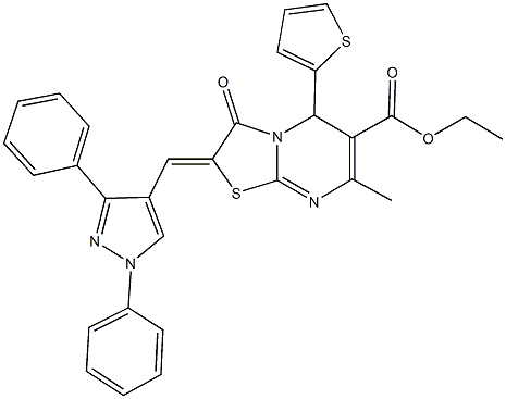 ethyl 2-[(1,3-diphenyl-1H-pyrazol-4-yl)methylene]-7-methyl-3-oxo-5-(2-thienyl)-2,3-dihydro-5H-[1,3]thiazolo[3,2-a]pyrimidine-6-carboxylate Struktur