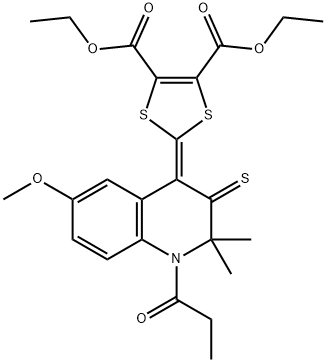 diethyl 2-(6-methoxy-2,2-dimethyl-1-propionyl-3-thioxo-2,3-dihydro-4(1H)-quinolinylidene)-1,3-dithiole-4,5-dicarboxylate Struktur