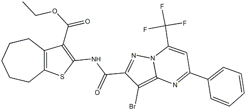 ethyl 2-({[3-bromo-5-phenyl-7-(trifluoromethyl)pyrazolo[1,5-a]pyrimidin-2-yl]carbonyl}amino)-5,6,7,8-tetrahydro-4H-cyclohepta[b]thiophene-3-carboxylate Struktur