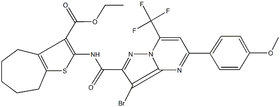 ethyl 2-({[3-bromo-5-(4-methoxyphenyl)-7-(trifluoromethyl)pyrazolo[1,5-a]pyrimidin-2-yl]carbonyl}amino)-5,6,7,8-tetrahydro-4H-cyclohepta[b]thiophene-3-carboxylate Struktur