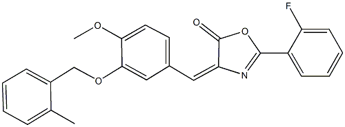 2-(2-fluorophenyl)-4-{4-methoxy-3-[(2-methylbenzyl)oxy]benzylidene}-1,3-oxazol-5(4H)-one Struktur