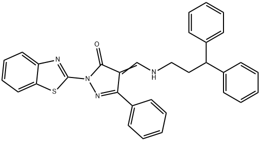 2-(1,3-benzothiazol-2-yl)-4-{[(3,3-diphenylpropyl)amino]methylene}-5-phenyl-2,4-dihydro-3H-pyrazol-3-one Struktur