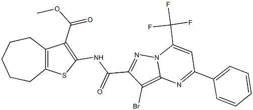 methyl 2-({[3-bromo-5-phenyl-7-(trifluoromethyl)pyrazolo[1,5-a]pyrimidin-2-yl]carbonyl}amino)-5,6,7,8-tetrahydro-4H-cyclohepta[b]thiophene-3-carboxylate Struktur