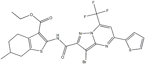 ethyl 2-({[3-bromo-5-(2-thienyl)-7-(trifluoromethyl)pyrazolo[1,5-a]pyrimidin-2-yl]carbonyl}amino)-6-methyl-4,5,6,7-tetrahydro-1-benzothiophene-3-carboxylate Struktur